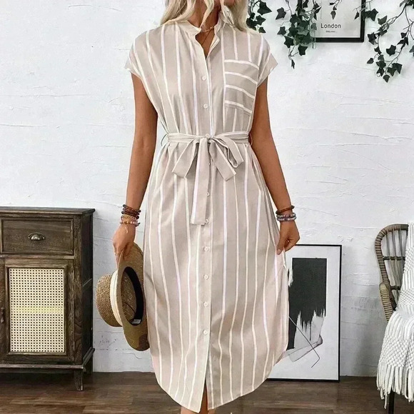 Apricot Casual Women's French-Style Striped Color-Block Shirt Dress - Picture 6 of 8